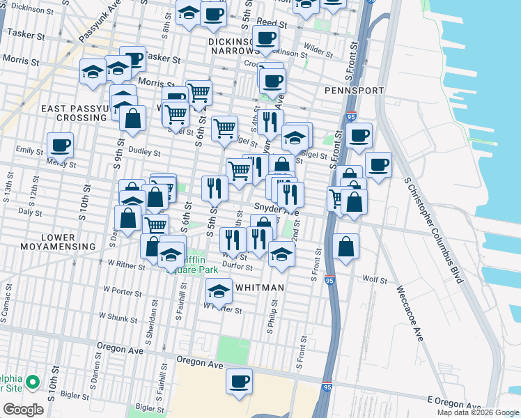 map of restaurants, bars, coffee shops, grocery stores, and more near in Philadelphia