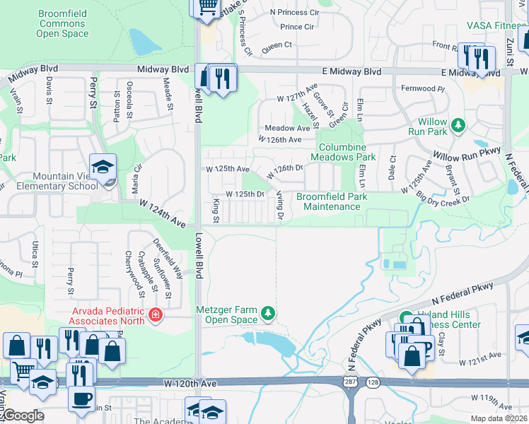 map of restaurants, bars, coffee shops, grocery stores, and more near 12480 James Street in Broomfield