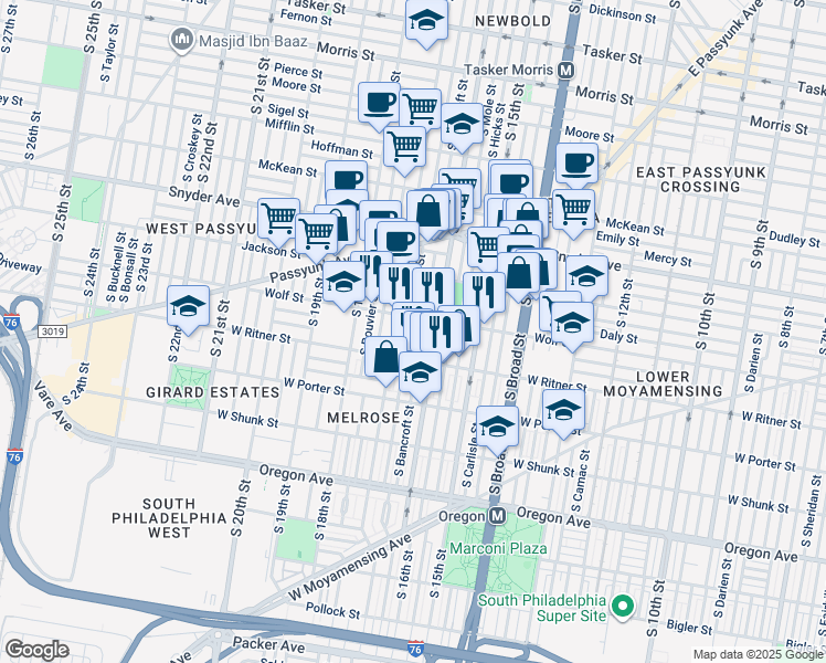 map of restaurants, bars, coffee shops, grocery stores, and more near 2317 South Chadwick Street in Philadelphia
