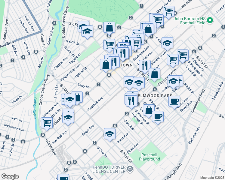 map of restaurants, bars, coffee shops, grocery stores, and more near 6736 Paschall Avenue in Philadelphia