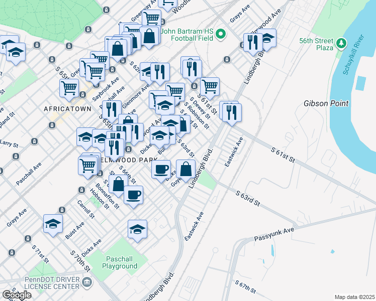 map of restaurants, bars, coffee shops, grocery stores, and more near South 63rd Street in Philadelphia