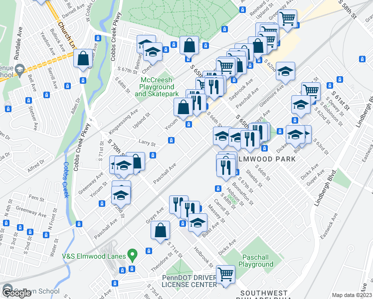 map of restaurants, bars, coffee shops, grocery stores, and more near 6745 Paschall Avenue in Philadelphia