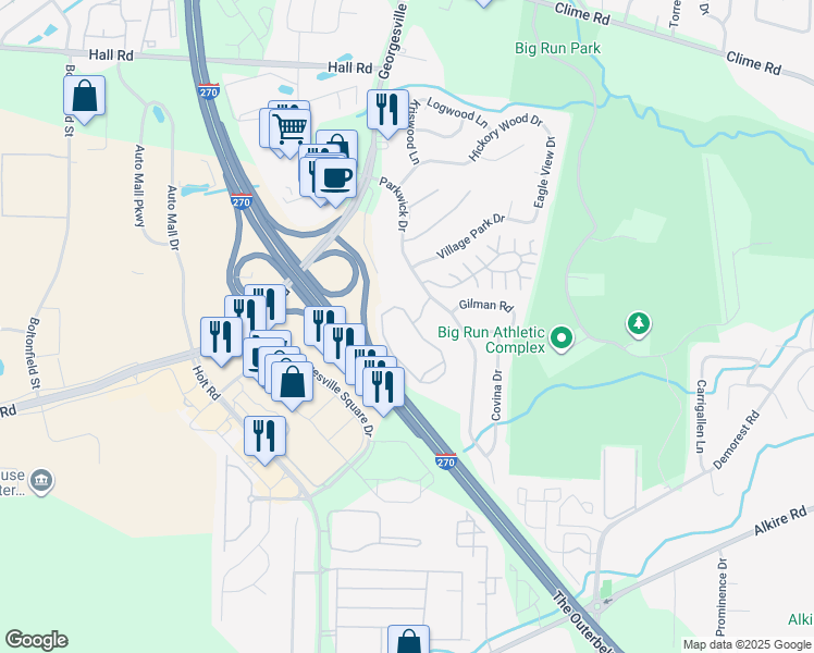 map of restaurants, bars, coffee shops, grocery stores, and more near 4711 Bay Run Drive in Columbus