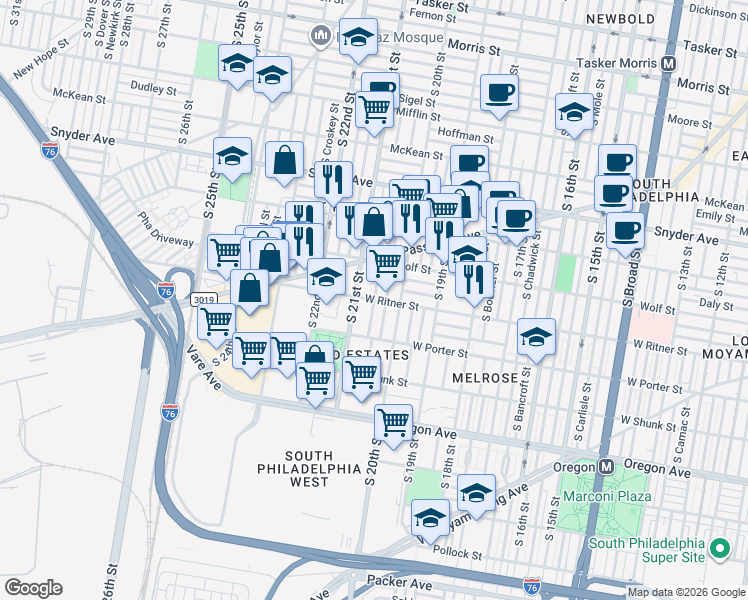 map of restaurants, bars, coffee shops, grocery stores, and more near West Ritner Street & South Lambert Street in Philadelphia