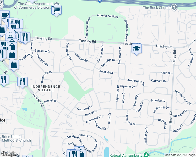 map of restaurants, bars, coffee shops, grocery stores, and more near 6929 Britwell Lane in Reynoldsburg