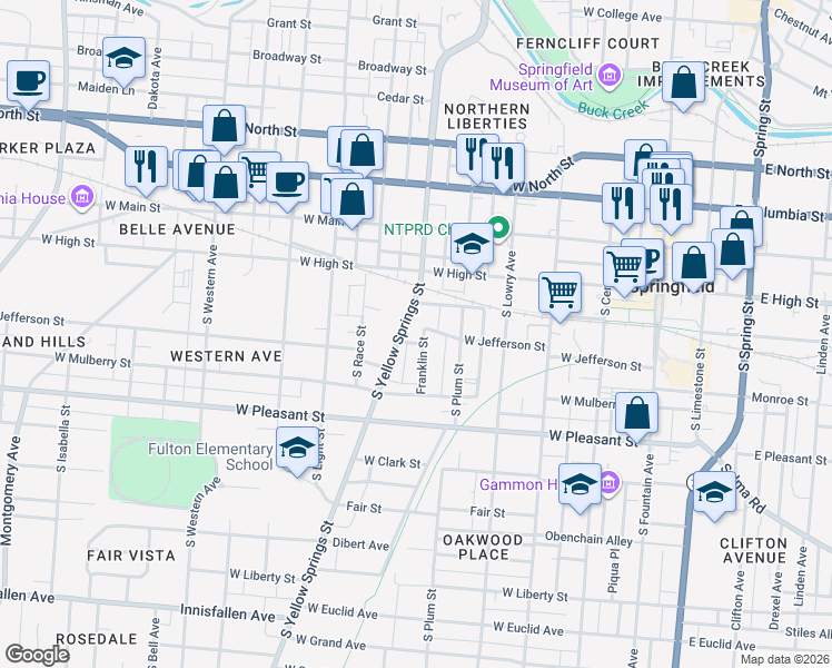 map of restaurants, bars, coffee shops, grocery stores, and more near 220 S Yellow Springs St in Springfield