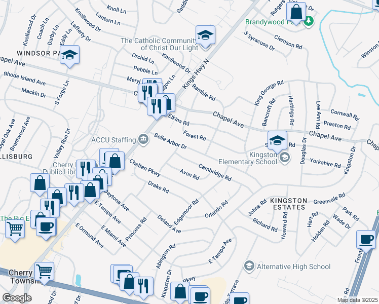 map of restaurants, bars, coffee shops, grocery stores, and more near 123 Belle Arbor Drive in Cherry Hill