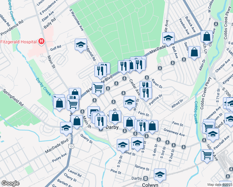 map of restaurants, bars, coffee shops, grocery stores, and more near 211 North 9th Street in Darby