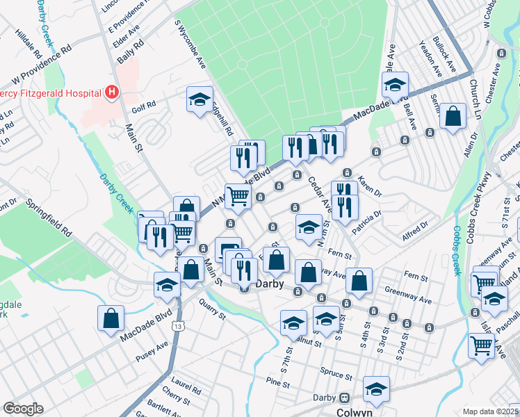 map of restaurants, bars, coffee shops, grocery stores, and more near 918 Summit Street in Darby