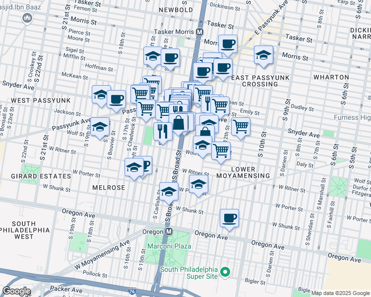 map of restaurants, bars, coffee shops, grocery stores, and more near 2227 South Broad Street in Philadelphia