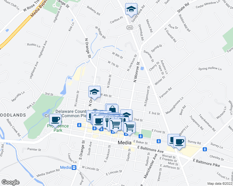 map of restaurants, bars, coffee shops, grocery stores, and more near 426 North Jackson Street in Media