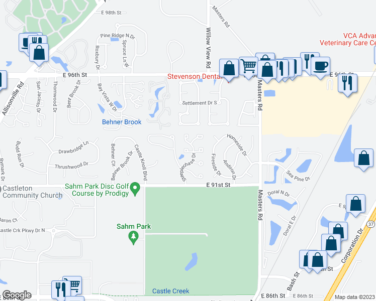map of restaurants, bars, coffee shops, grocery stores, and more near 6629 Sunloch Court in Indianapolis