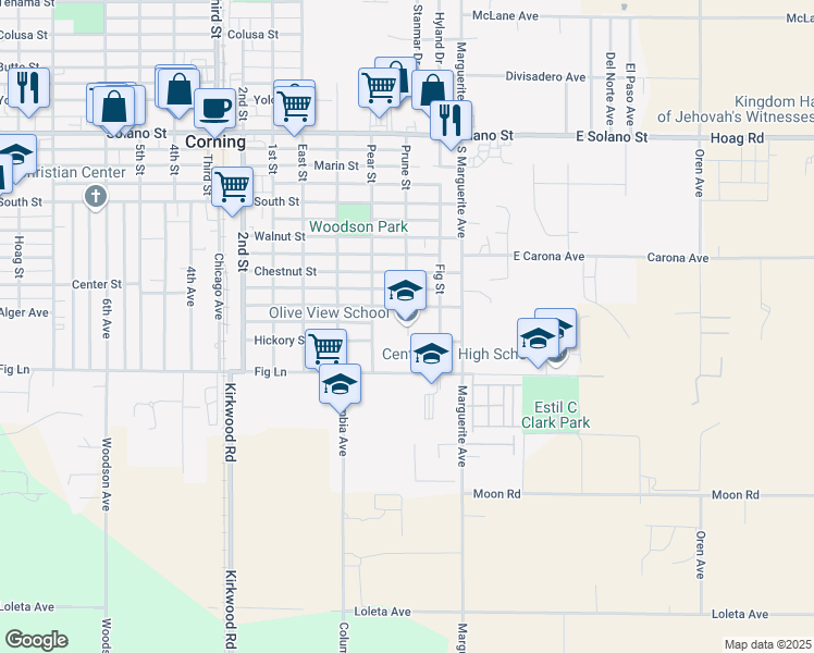 map of restaurants, bars, coffee shops, grocery stores, and more near 1402 Fig Street in Corning
