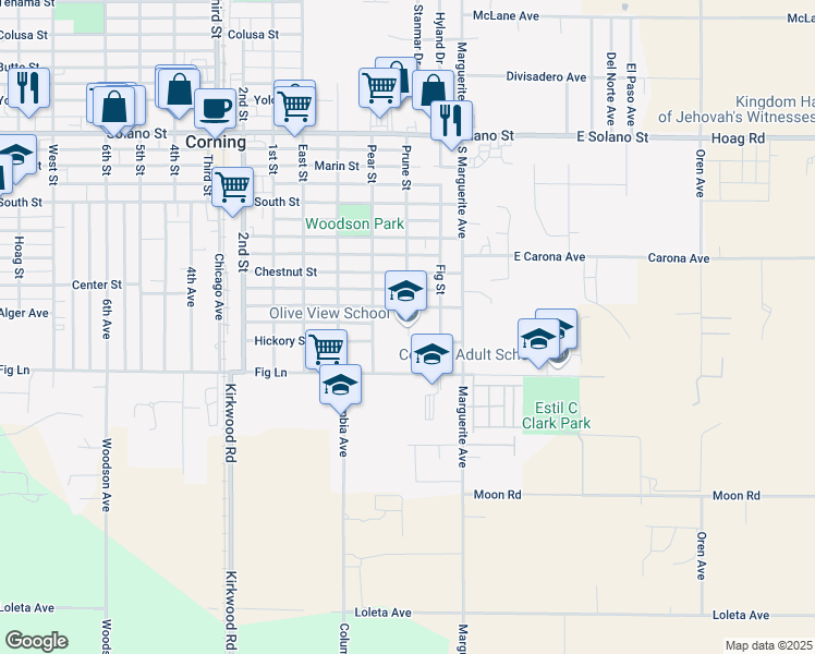 map of restaurants, bars, coffee shops, grocery stores, and more near 1402 Fig Street in Corning