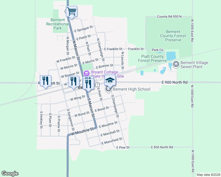 map of restaurants, bars, coffee shops, grocery stores, and more near 101-199 South Champaign Street in Bement