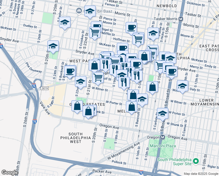 map of restaurants, bars, coffee shops, grocery stores, and more near 1918 Fitzgerald Street in Philadelphia