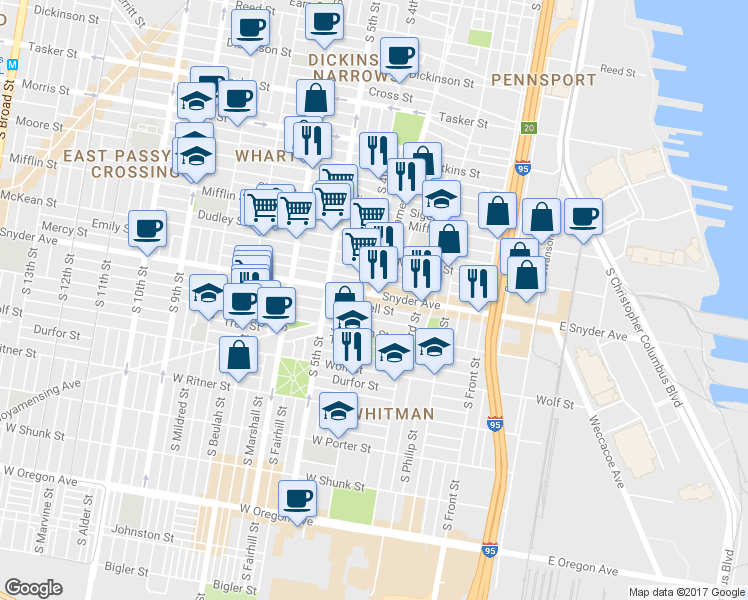 map of restaurants, bars, coffee shops, grocery stores, and more near 364 Snyder Ave in Philadelphia