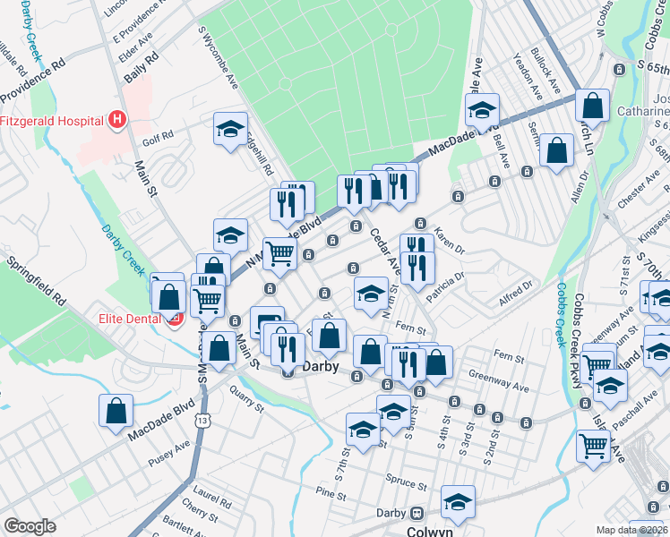 map of restaurants, bars, coffee shops, grocery stores, and more near 232 Marks Avenue in Darby