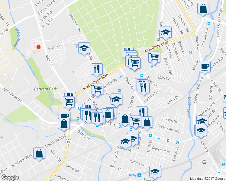map of restaurants, bars, coffee shops, grocery stores, and more near 215 North 9th Street in Darby