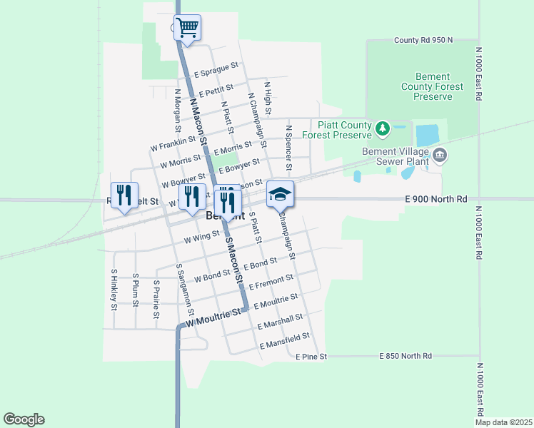 map of restaurants, bars, coffee shops, grocery stores, and more near 201 South Champaign Street in Bement