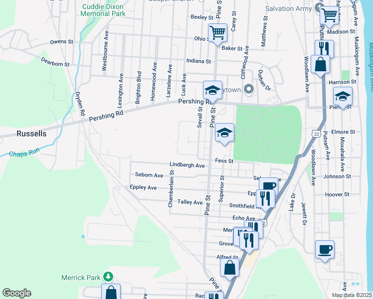 map of restaurants, bars, coffee shops, grocery stores, and more near 1059 Heber Street in Zanesville