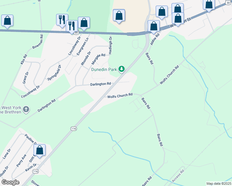 map of restaurants, bars, coffee shops, grocery stores, and more near 4645 Wolfs Church Road in York