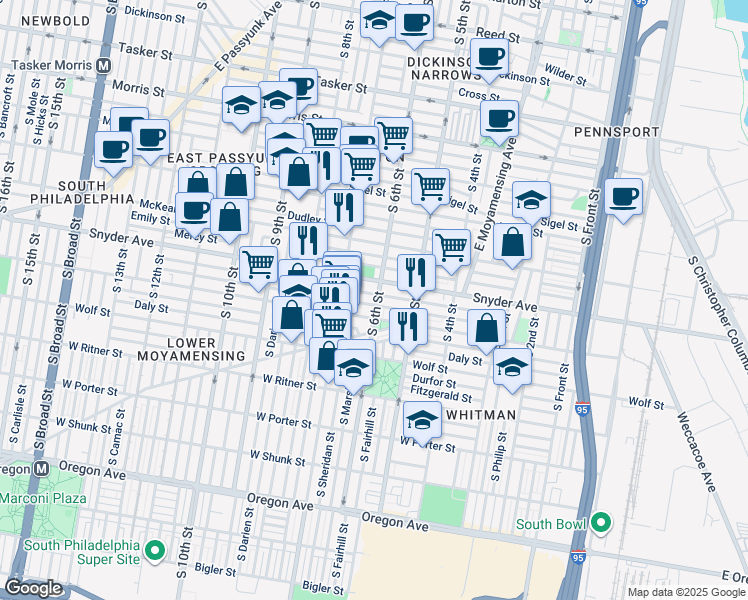 map of restaurants, bars, coffee shops, grocery stores, and more near 2118 South 6th Street in Philadelphia