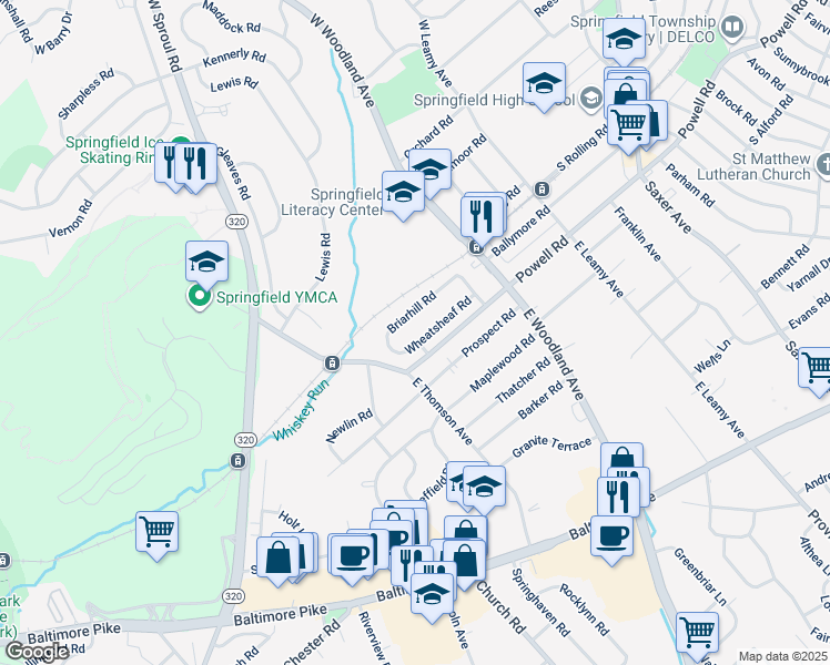 map of restaurants, bars, coffee shops, grocery stores, and more near 482 Wheatsheaf Road in Springfield