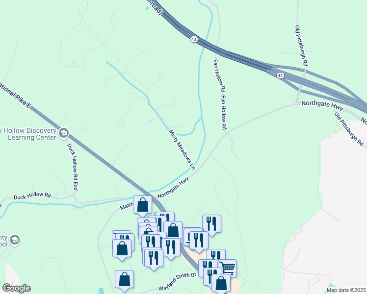 map of restaurants, bars, coffee shops, grocery stores, and more near 48 Misty Meadows Lane in Uniontown