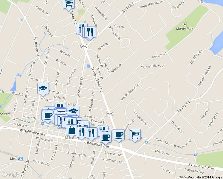 map of restaurants, bars, coffee shops, grocery stores, and more near 335 Farnum Rd in Media