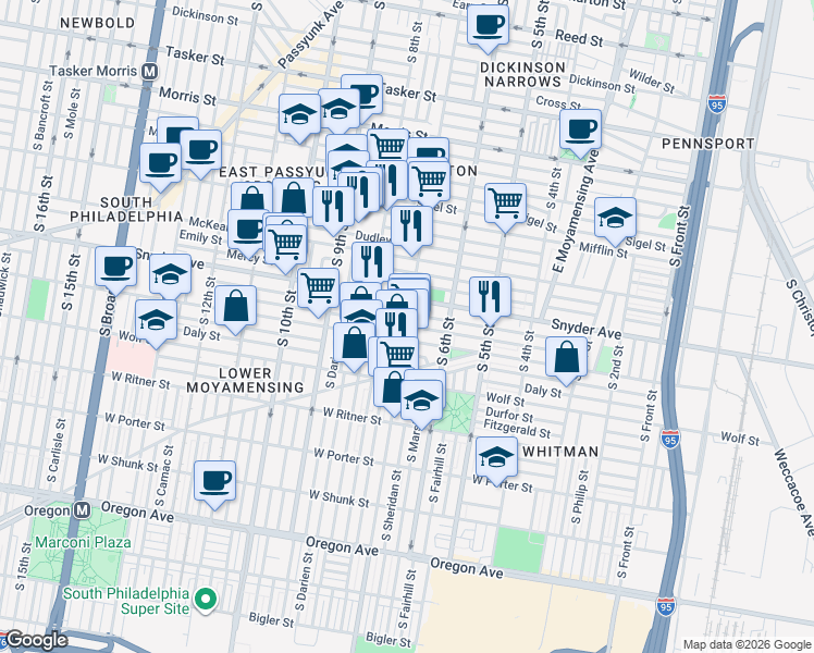 map of restaurants, bars, coffee shops, grocery stores, and more near Winton Street in Philadelphia