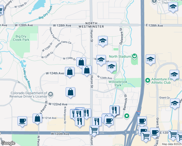 map of restaurants, bars, coffee shops, grocery stores, and more near 12419 Huron Street in Westminster