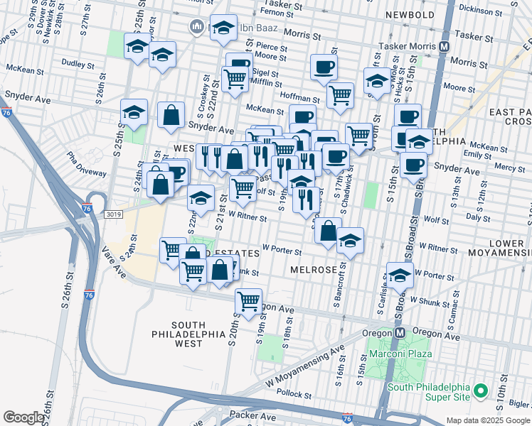 map of restaurants, bars, coffee shops, grocery stores, and more near 1930 Fitzgerald Street in Philadelphia