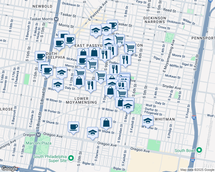 map of restaurants, bars, coffee shops, grocery stores, and more near 831 Jackson Street in Philadelphia