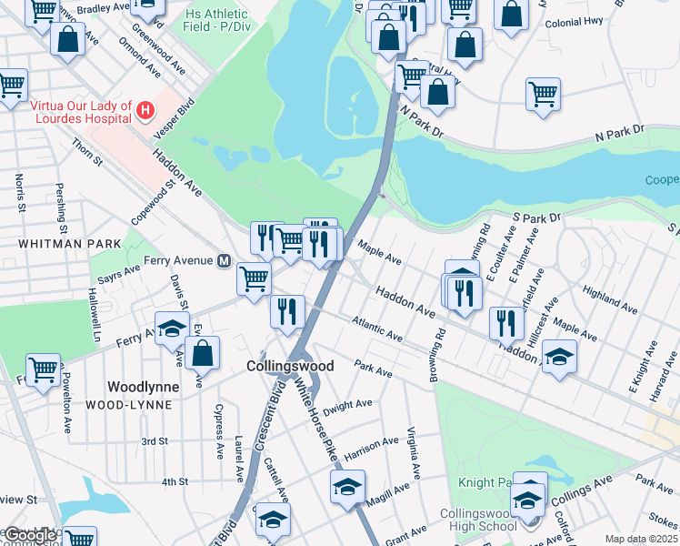 map of restaurants, bars, coffee shops, grocery stores, and more near 5 East Crescent Boulevard in Collingswood