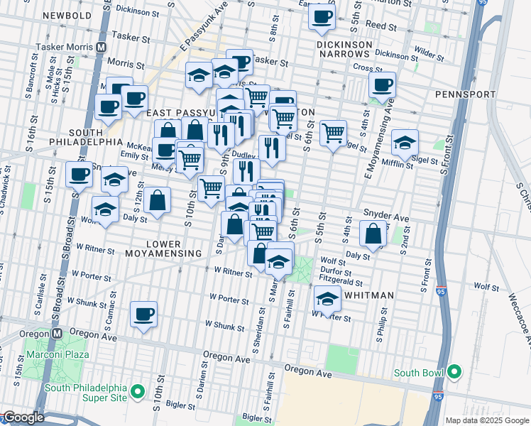 map of restaurants, bars, coffee shops, grocery stores, and more near in Philadelphia