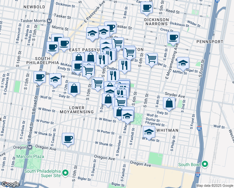 map of restaurants, bars, coffee shops, grocery stores, and more near 728 Winton Street in Philadelphia