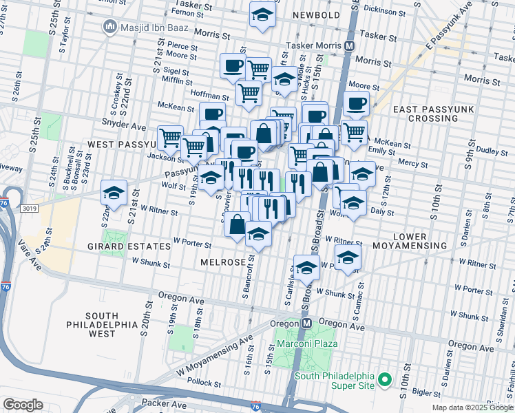map of restaurants, bars, coffee shops, grocery stores, and more near 2310 South Bancroft Street in Philadelphia