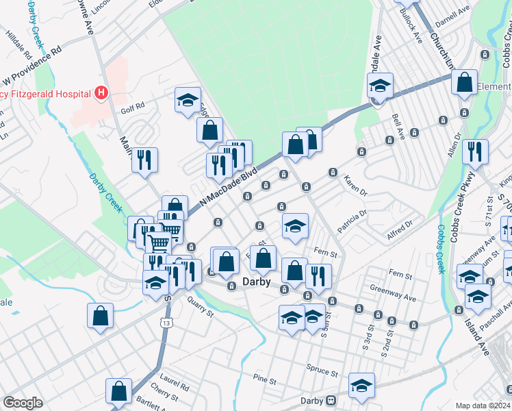 map of restaurants, bars, coffee shops, grocery stores, and more near 204 Marks Avenue in Darby