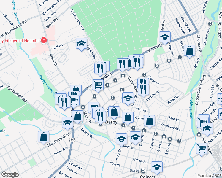 map of restaurants, bars, coffee shops, grocery stores, and more near 204 Marks Avenue in Darby