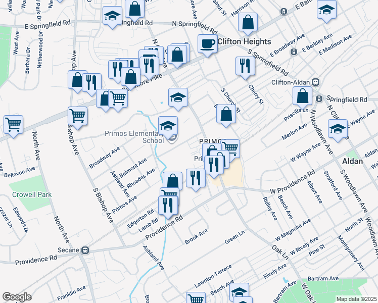 map of restaurants, bars, coffee shops, grocery stores, and more near 9 Bunting Lane in Clifton Heights