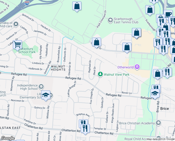 map of restaurants, bars, coffee shops, grocery stores, and more near 2765 Raphael Drive in Columbus