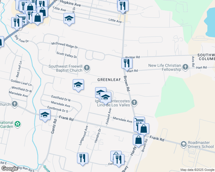 map of restaurants, bars, coffee shops, grocery stores, and more near 1411 Greenleaf Road in Columbus