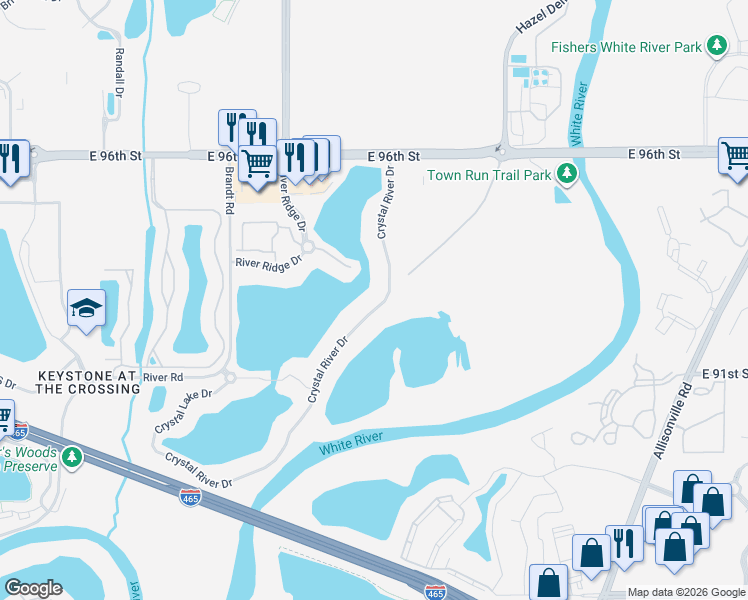 map of restaurants, bars, coffee shops, grocery stores, and more near 9242 Crystal River Drive in Indianapolis