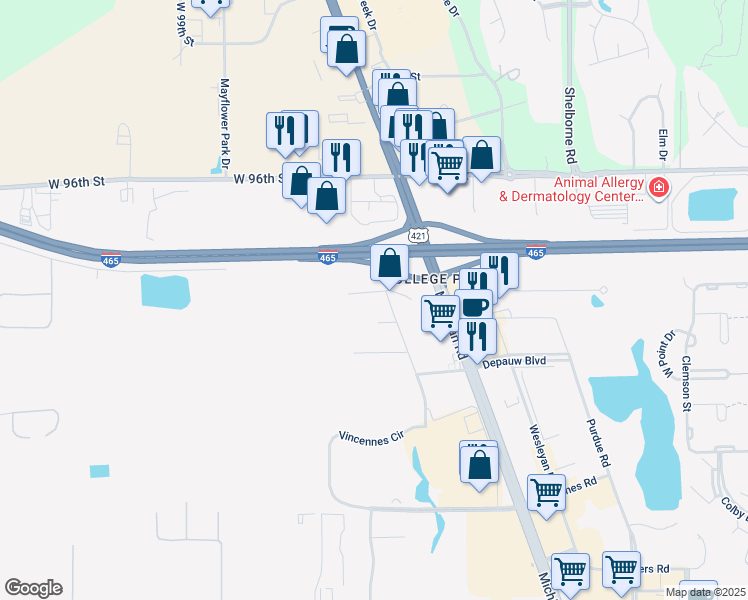 map of restaurants, bars, coffee shops, grocery stores, and more near 4020 West 94th Street in Indianapolis
