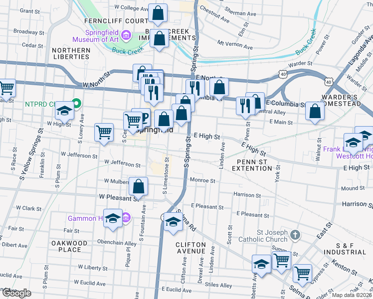 map of restaurants, bars, coffee shops, grocery stores, and more near 24 East Washington Street in Springfield