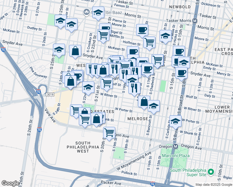 map of restaurants, bars, coffee shops, grocery stores, and more near 1930 Fitzgerald Street in Philadelphia