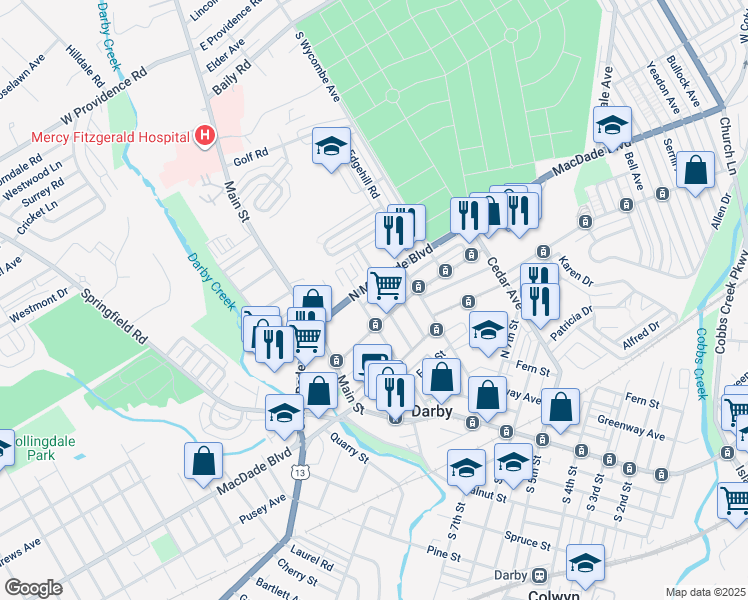 map of restaurants, bars, coffee shops, grocery stores, and more near 110 Mulberry Street in Darby