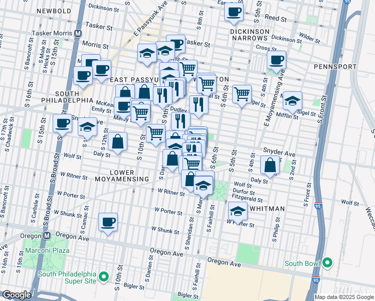 map of restaurants, bars, coffee shops, grocery stores, and more near 728 Winton Street in Philadelphia