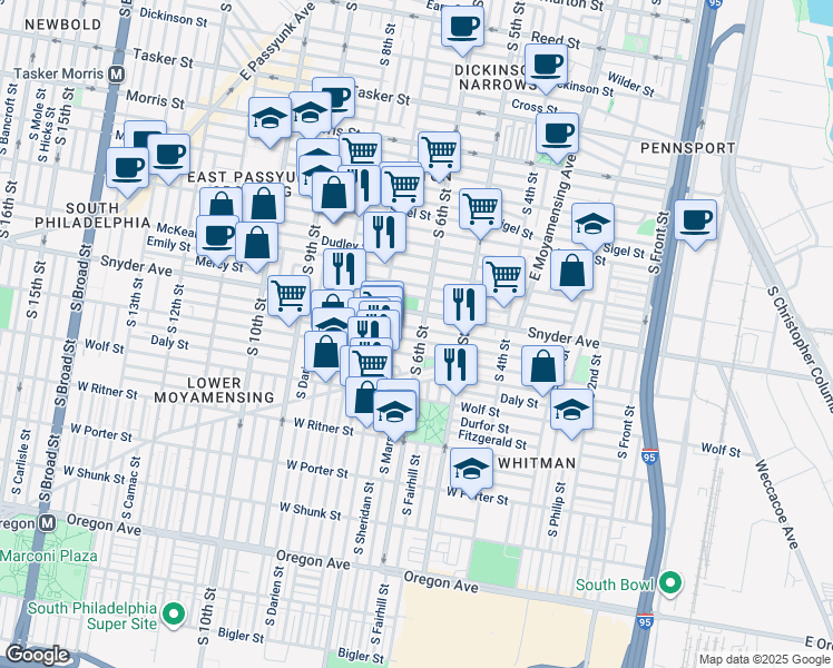 map of restaurants, bars, coffee shops, grocery stores, and more near 2118 South 6th Street in Philadelphia